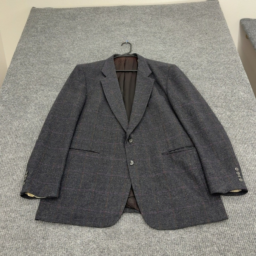 Vintage Oliver Kent Blazer Men 48L Gray Wool Plaid Two Button Sport Coat Classic